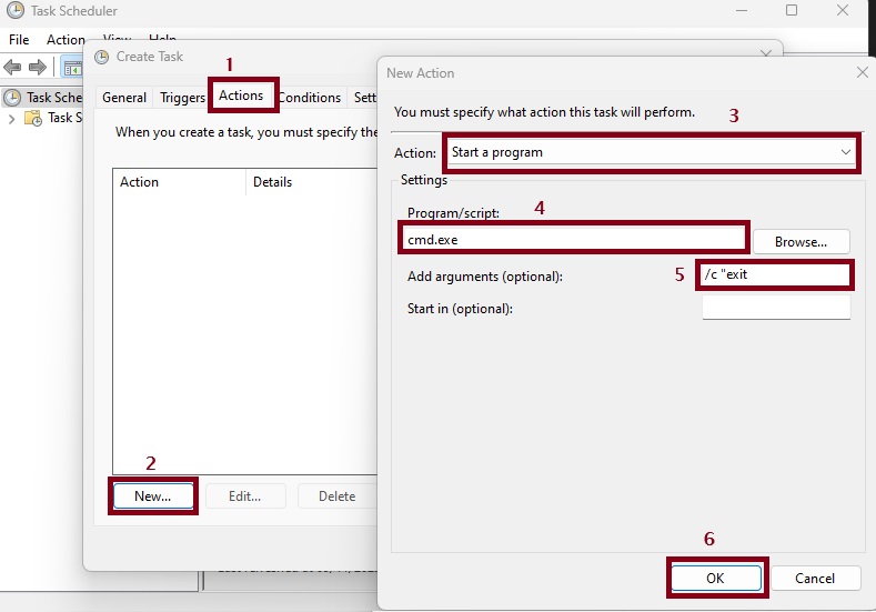 Configuring Actions in Task Scheduler