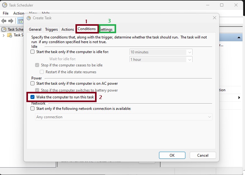 Setting Conditions for Wake Timers in Task Scheduler